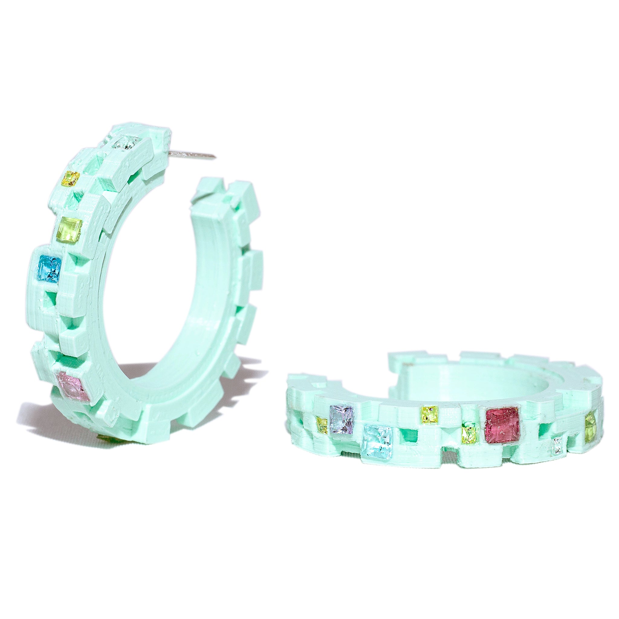 Pixelation Hoop Earrings in 3D Printed PLA & Gems